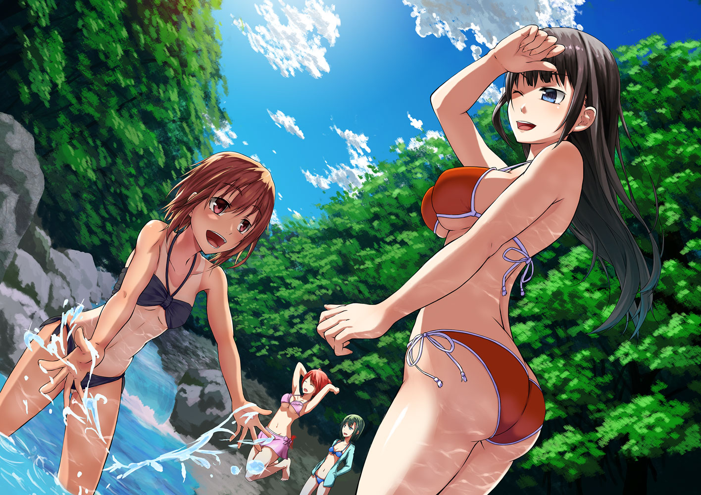 ass, bikini, breasts, clouds, forest, green, group, jpeg_artifacts, original, shigatsu_itsuka, swimsuit, tree, underboob, water, waterfall, wet