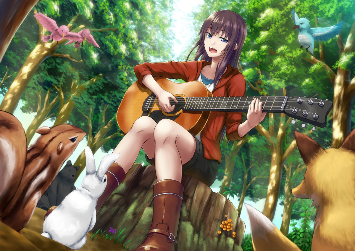 animal, bird, blue_eyes, boots, brown_hair, flowers, forest, fox, green, guitar, instrument, jpeg_artifacts, original, rabbit, shigatsu_itsuka, shorts, tree