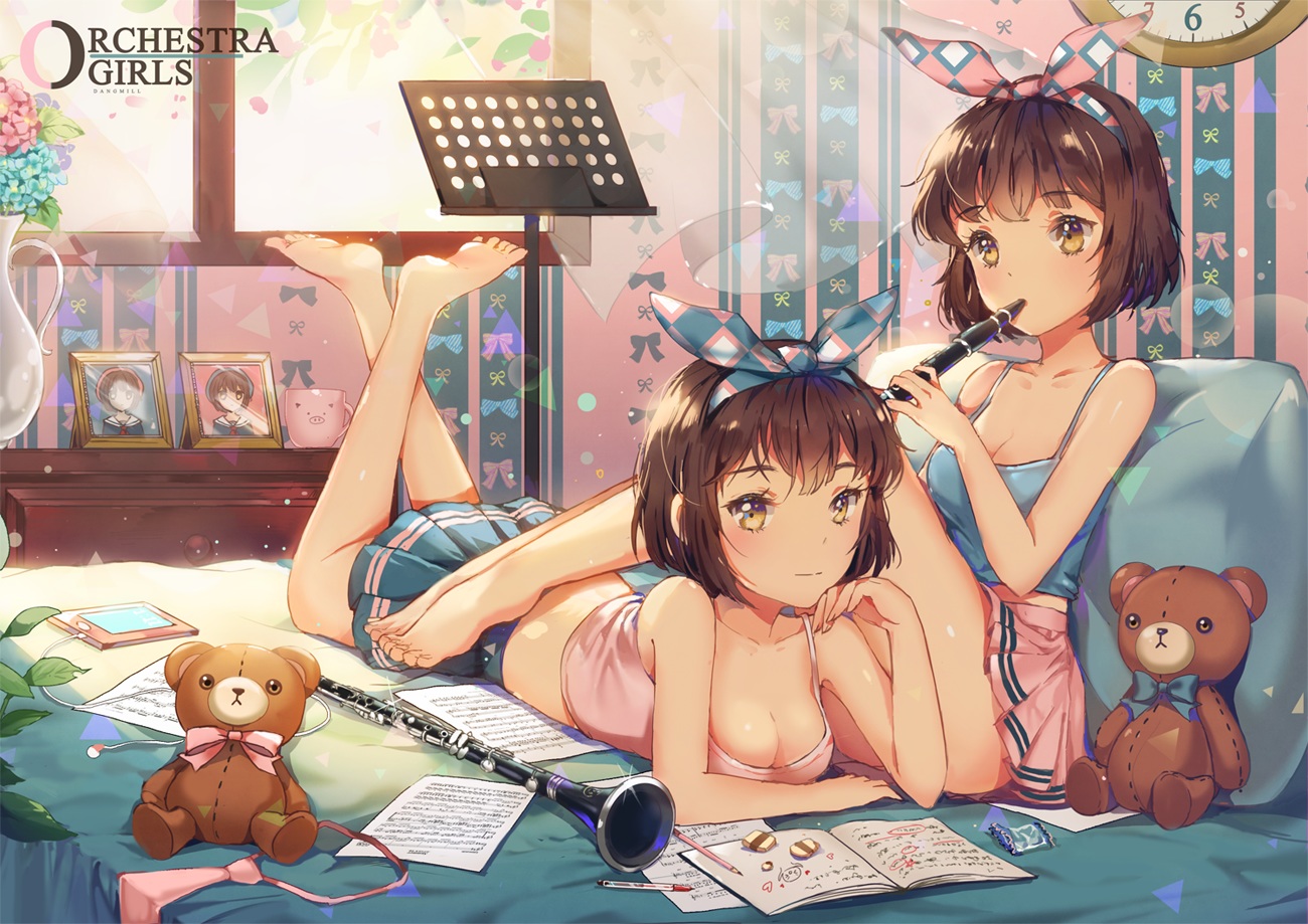 2girls, barefoot, bed, book, breasts, brown_hair, cleavage, dangmill