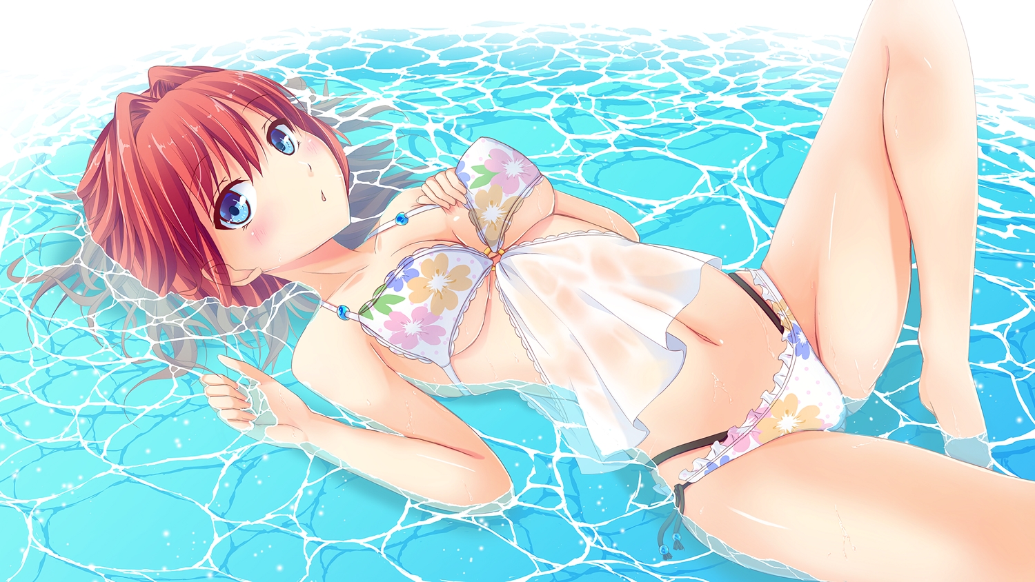 aqua_eyes, bikini, blush, breast_hold, breasts, cleavage, merukiarisu, navel, original, red_hair, swimsuit, waifu2x, water, wet