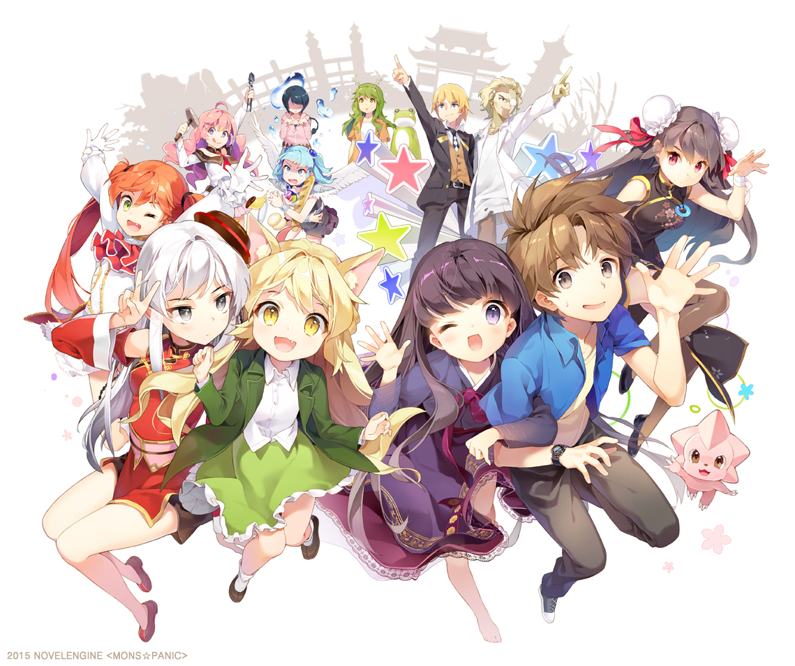 animal_ears, aqua_hair, black_hair, blonde_hair, brown_eyes, brown_hair, cat_smile, chinese_clothes