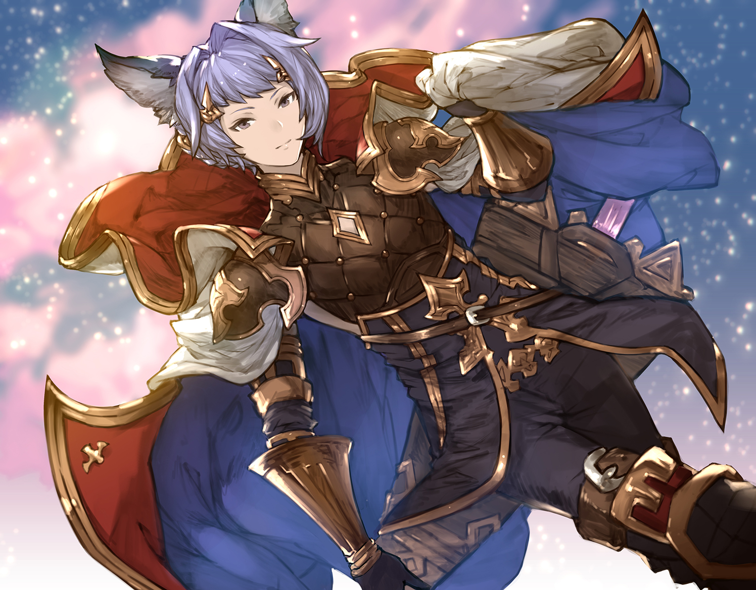 all_male, animal_ears, armor, blue_hair, cape, gloves, granblue_fantasy, gray_eyes, male, poco_honyaru, quatre, short_hair, sword, weapon