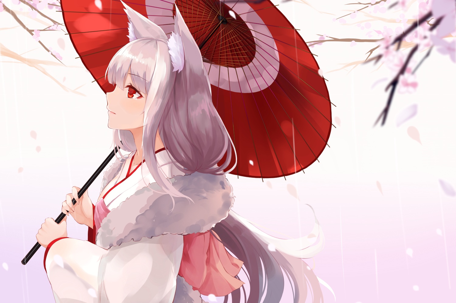 animal_ears, foxgirl, gray_hair, japanese_clothes, kimono, long_hair, original, red_eyes, takehana_note, umbrella