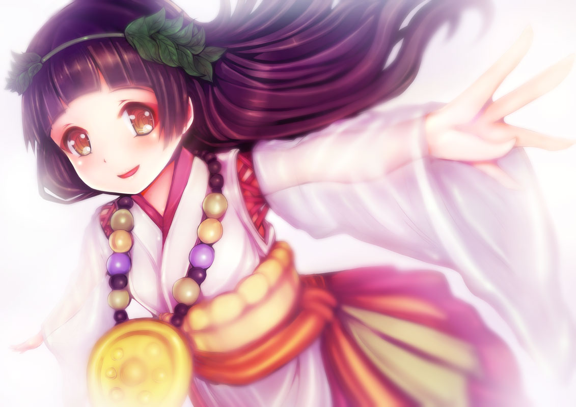 amayadori_machi, brown_hair, headdress, japanese_clothes, kumamiko, loli, long_hair, miko
