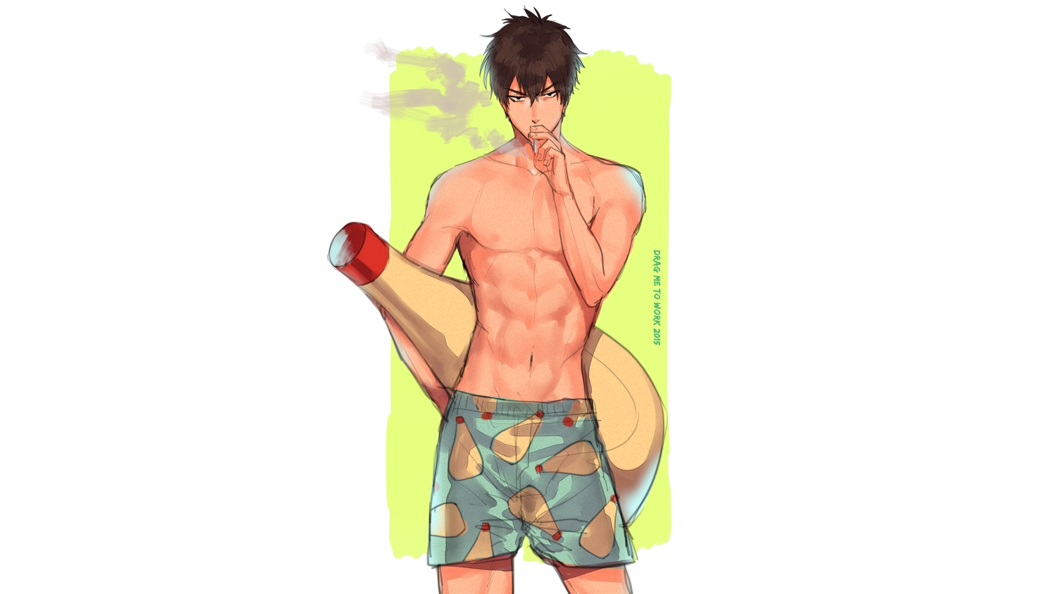 all_male, black_eyes, black_hair, cigarette, food, gintama, hijikata_toushirou, kanapy, male, navel, nipples, smoking, swimsuit, topless, white