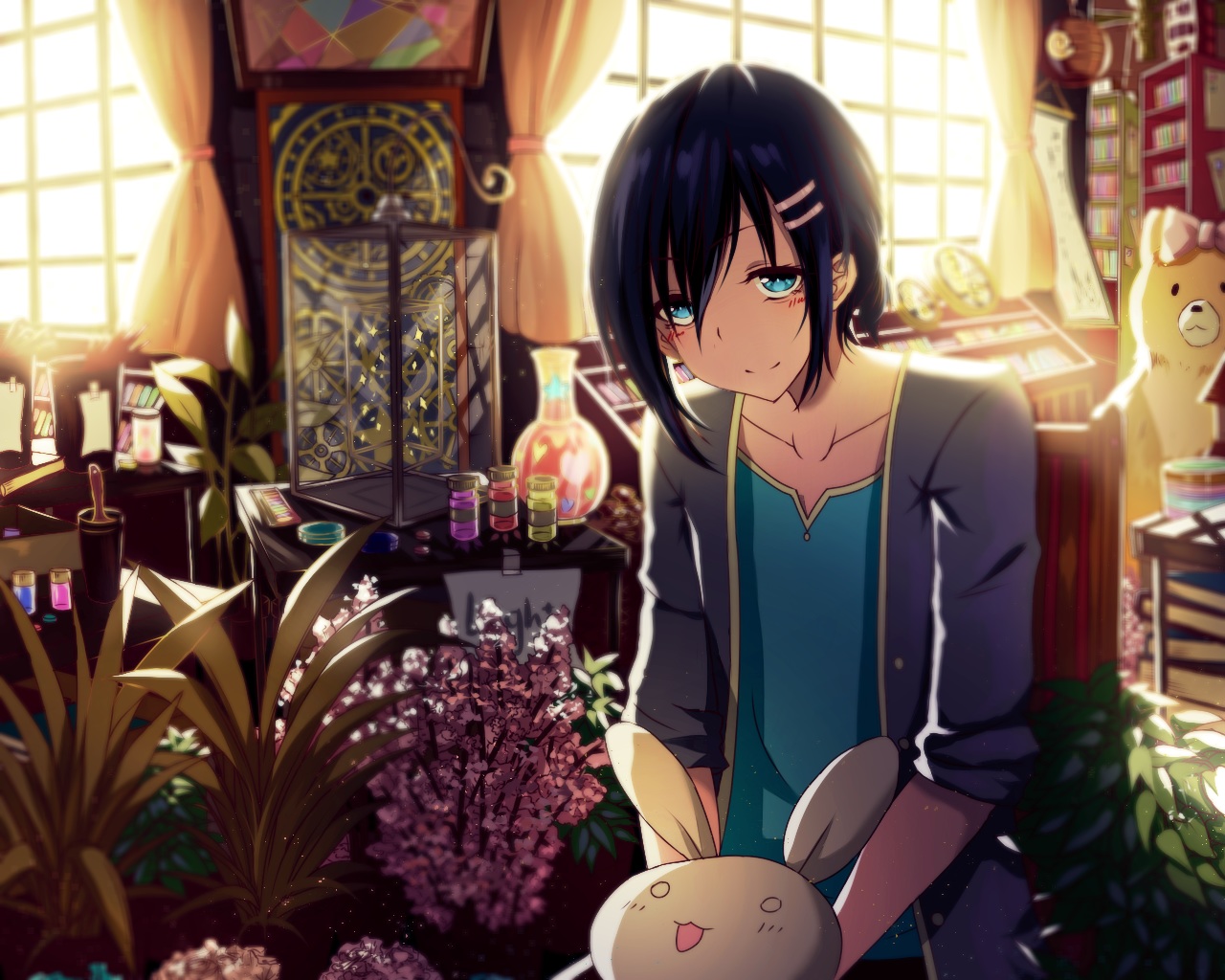 aqua_eyes, black_hair, blush, bunny, flowers, isumi_(yangyan), leaves, magic