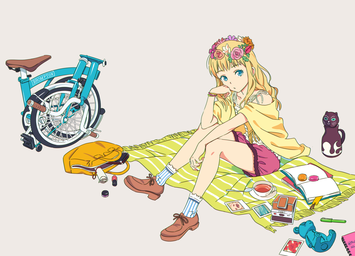 aqua_eyes, bicycle, blonde_hair, book, camera, drink, flowers, headdress
