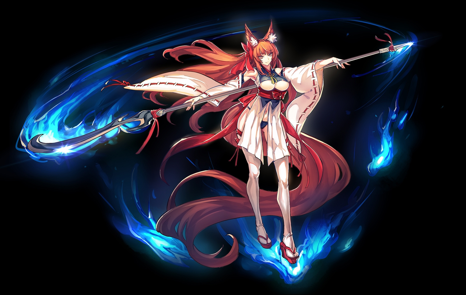 animal_ears, breasts, foxgirl, japanese_clothes, long_hair, miko, orange_hair, original