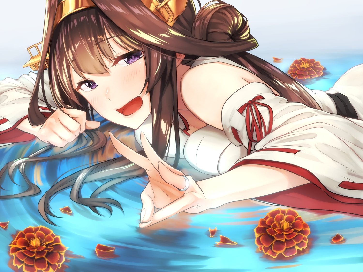 anthropomorphism, baffu, blush, brown_hair, close, flowers, headband, japanese_clothes