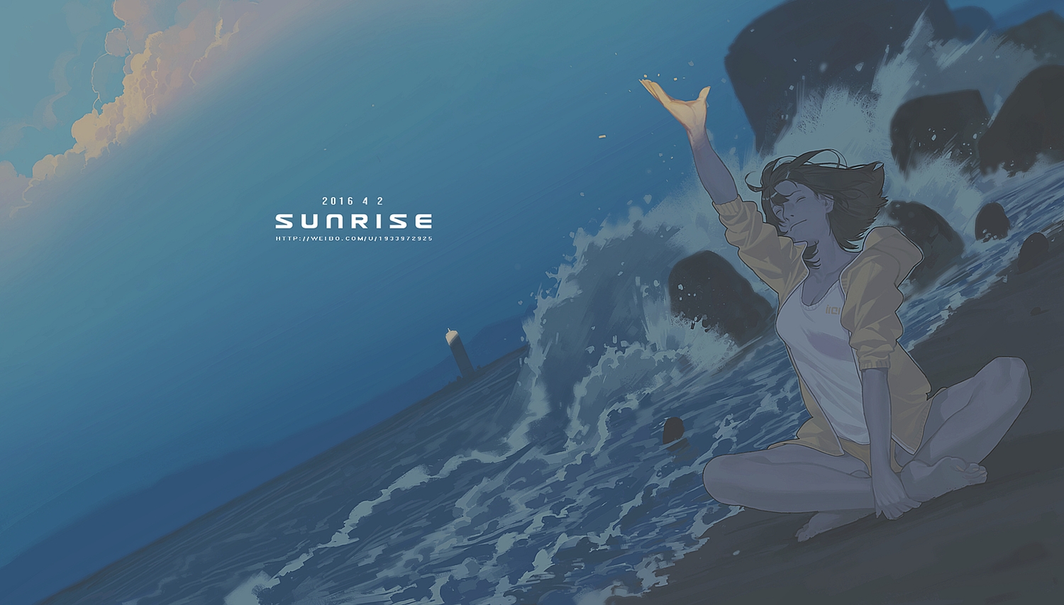 barefoot, beach, breasts, cleavage, clouds, hood, lan_se_fangying, original, short_hair, shorts, sky, water