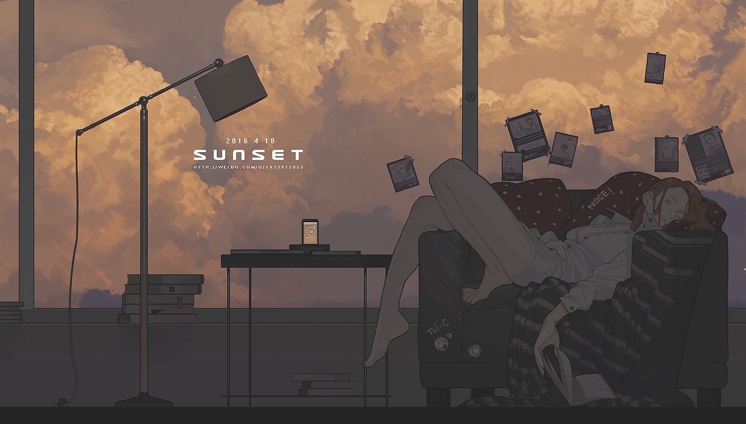 barefoot, book, clouds, couch, lan_se_fangying, orange_hair, original, phone, sky, sleeping, sunset