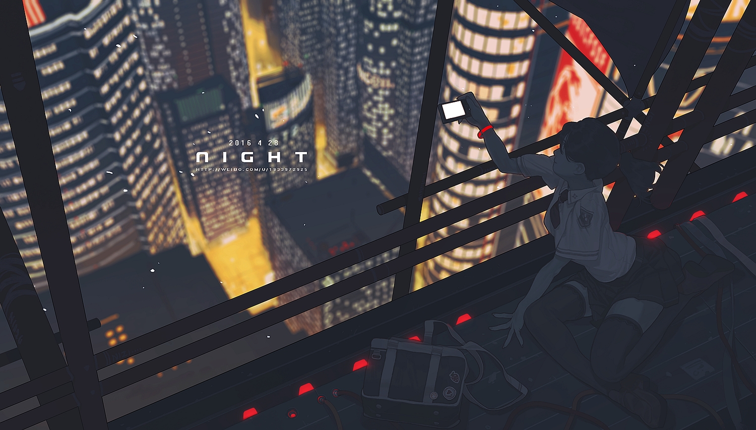 building, city, lan_se_fangying, night, original, phone, ponytail, school_uniform, thighhighs, wristwear, zettai_ryouiki
