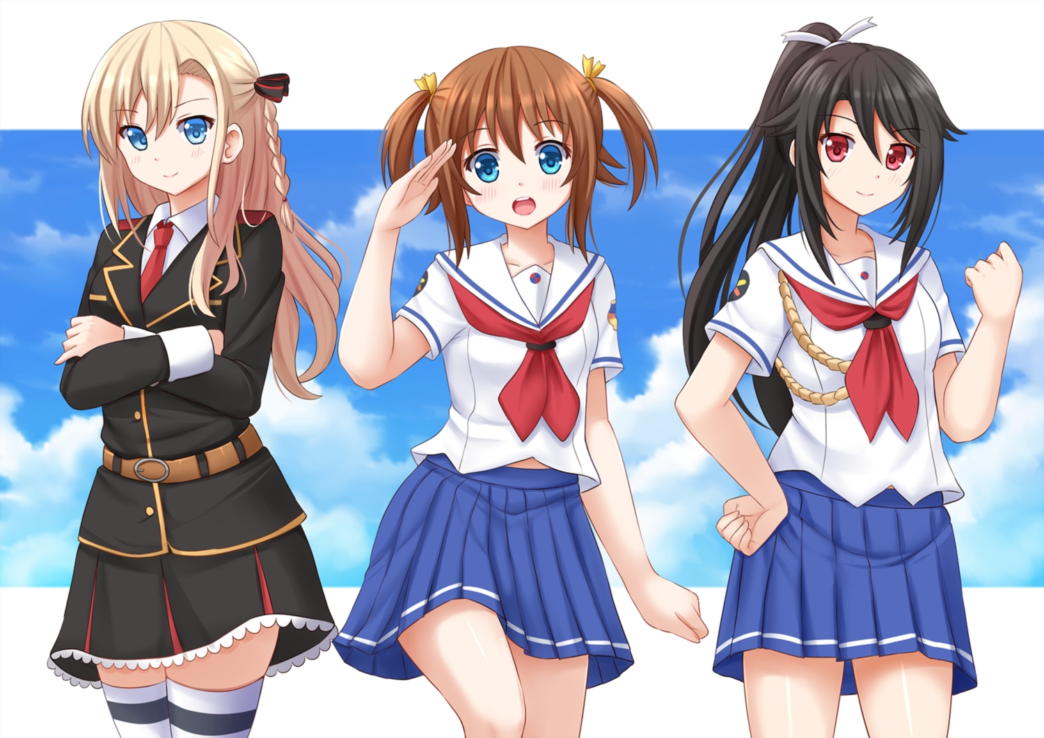aqua_eyes, black_hair, blonde_hair, blue_eyes, blush, braids, brown_hair, clouds, high_school_fleet, kazenokaze, long_hair, misaki_akeno, munetani_mashiro, ponytail, red_eyes, school_uniform, short_hair, sky, thighhighs, tie, twintails, wilhelmina_braunschweig_ingenol_friedeburg, zettai_ryouiki