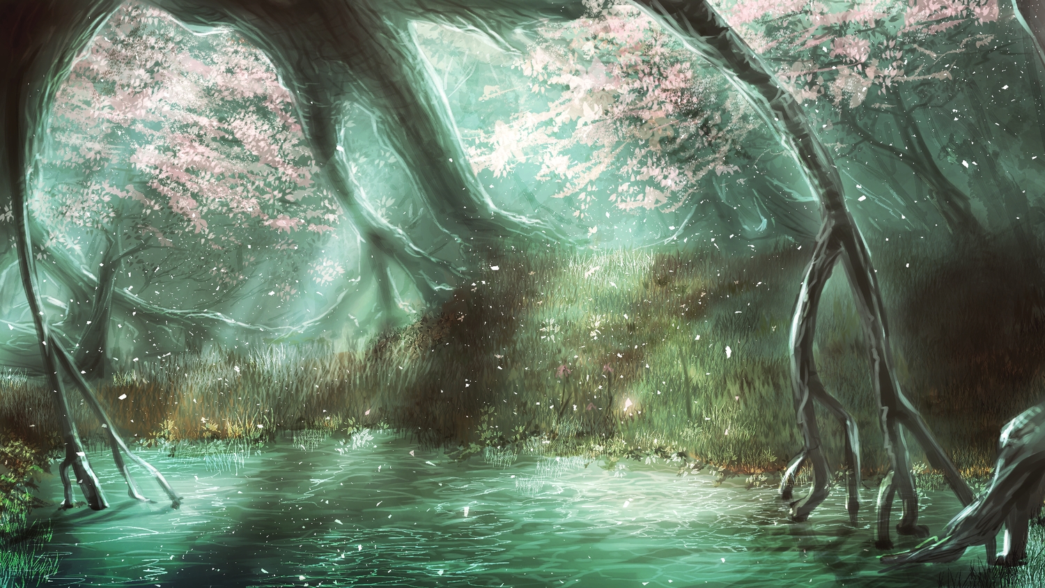 cherry_blossoms, flowers, forest, grass, no_humans, original, petals, scenic