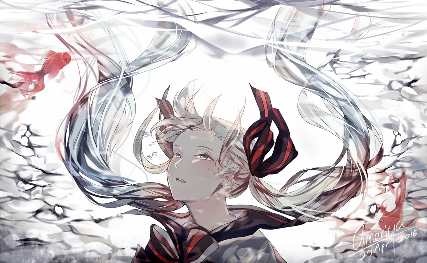 ameriya, animal, bottle_miku, fish, hatsune_miku, long_hair, polychromatic, ribbons
