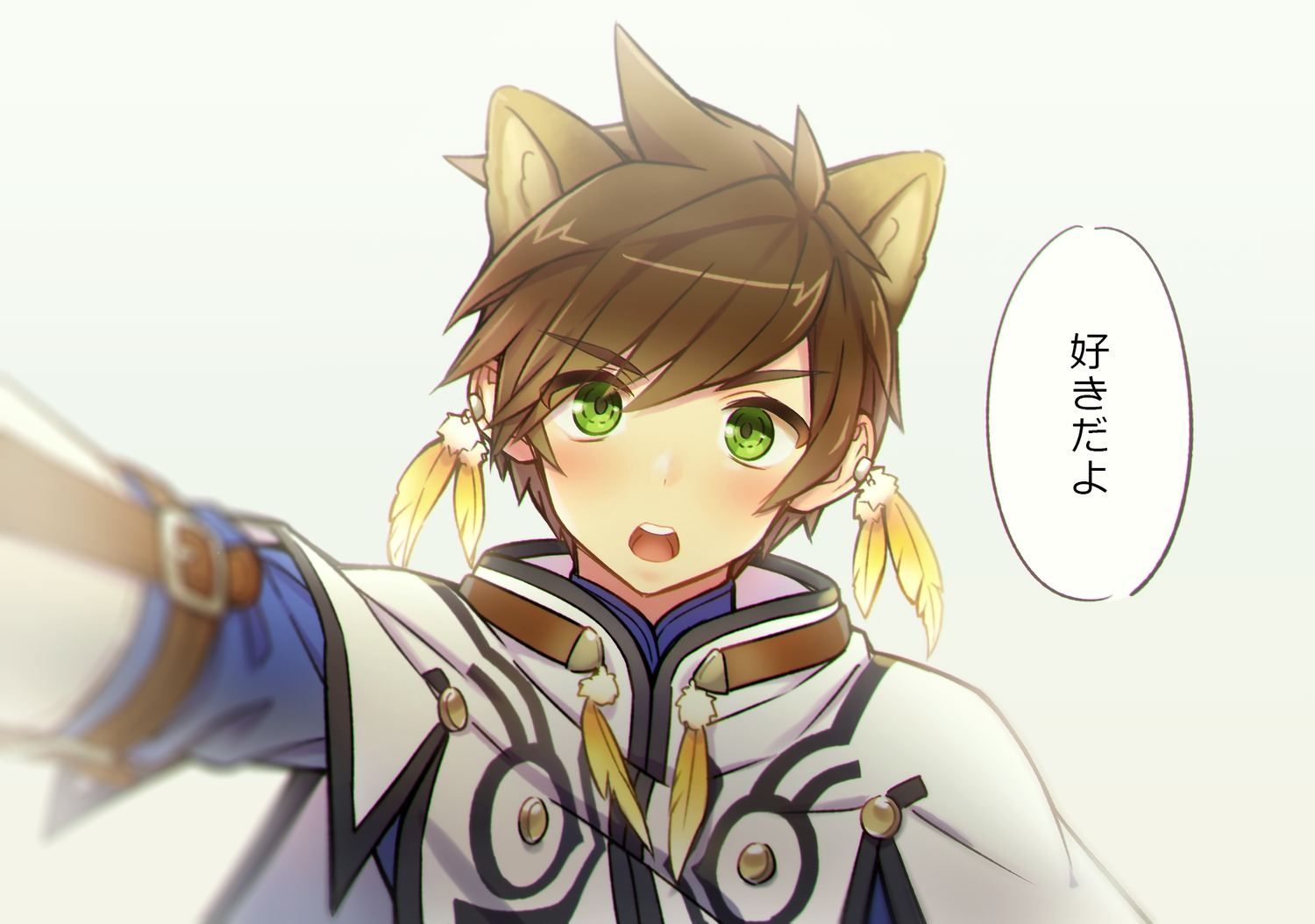 all_male, animal_ears, brown_hair, catboy, close, deretta, green_eyes, male