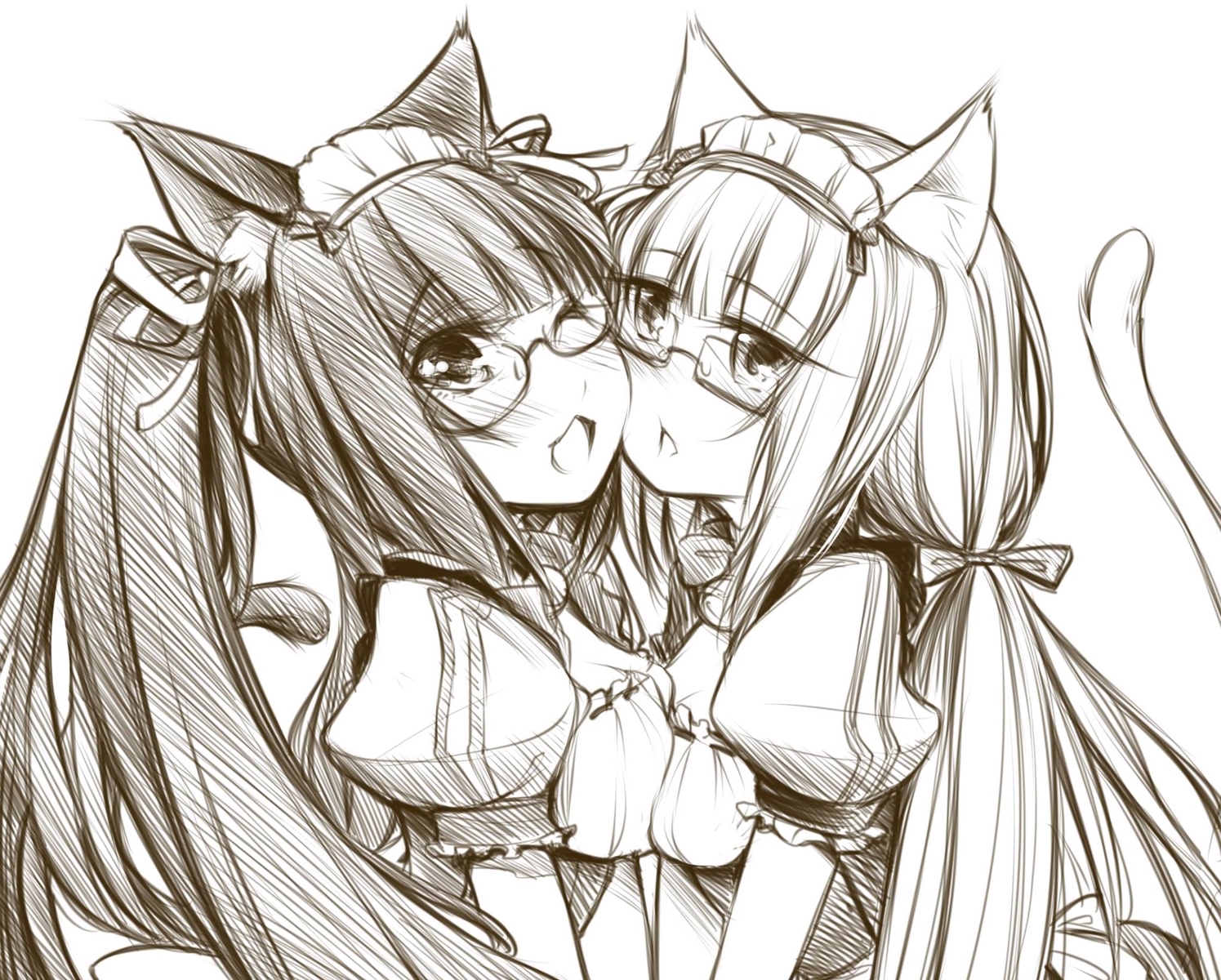 2girls, animal_ears, blush, breasts, catgirl, chocola_(sayori), cleavage, cropped, glasses, long_hair, maid, monochrome, nekopara, original, shoujo_ai, sketch, tail, twintails, vanilla_(sayori), yuriwhale