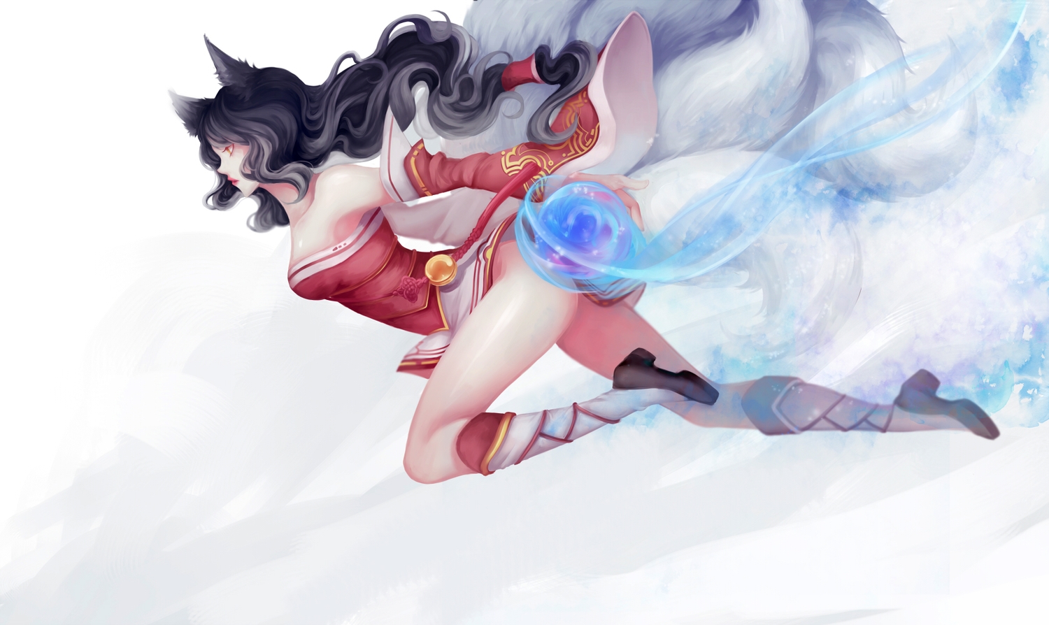 ahri_(league_of_legends), animal_ears, black_hair, foxgirl, league_of_legends, ling_(vivianling), long_hair, multiple_tails
