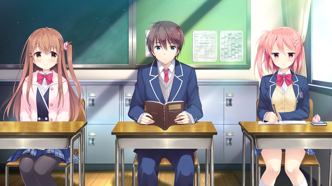 aqua_eyes, blush, brown_hair, game_cg, himeno_sena, kneehighs, koi_x_shin_ai_kanojo, kunimi_koutarou, kurasawa_moko, long_hair, male, pantyhose, pink_hair, school_uniform, shindou_ayane, short_hair, skirt, tie, us:track, yellow_eyes