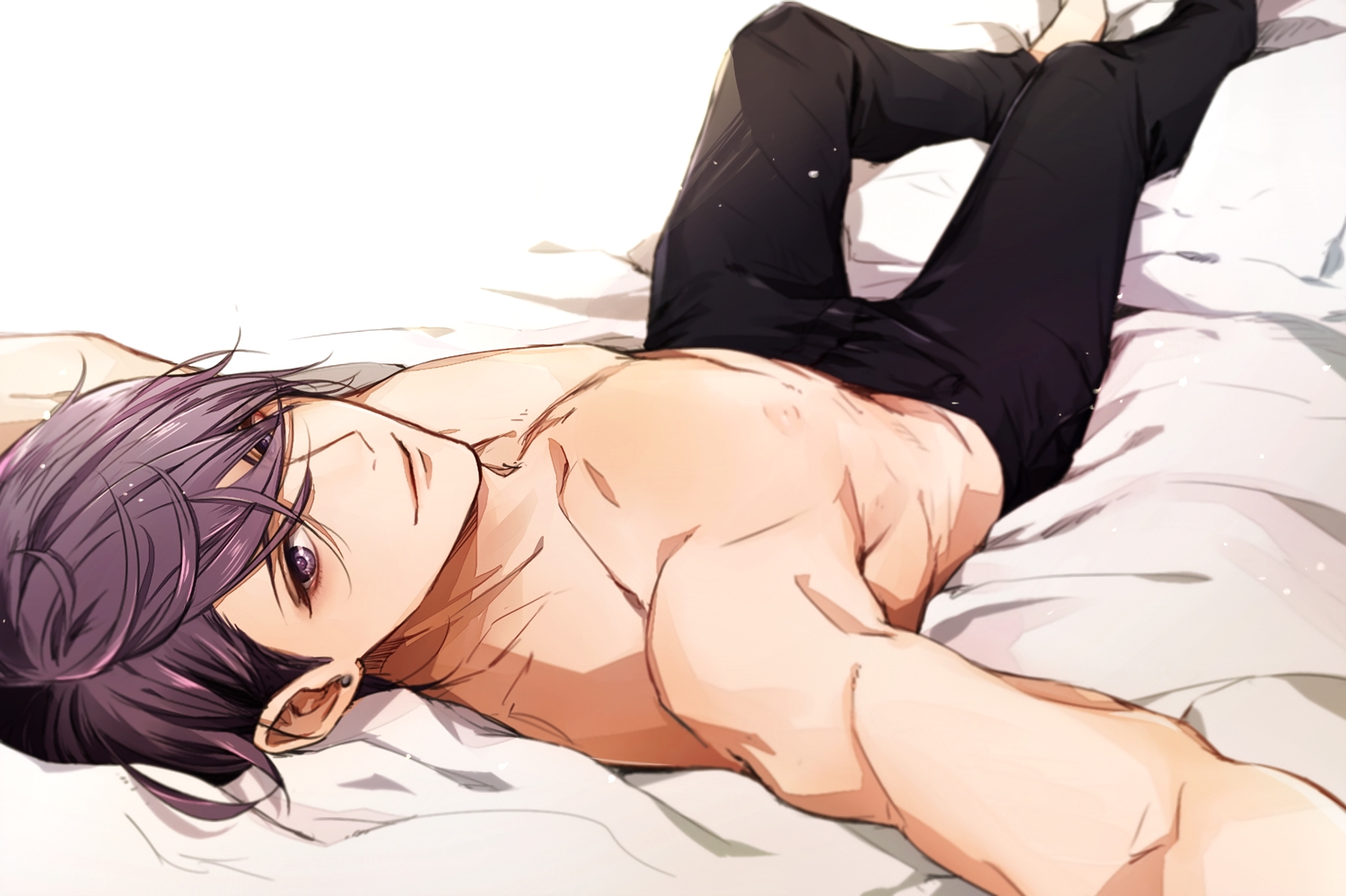 all_male, barefoot, bed, footpath_(komichi_96), giulio_di_bondone, lucky_dog, male, nipples, purple_eyes, purple_hair, short_hair, topless, waifu2x