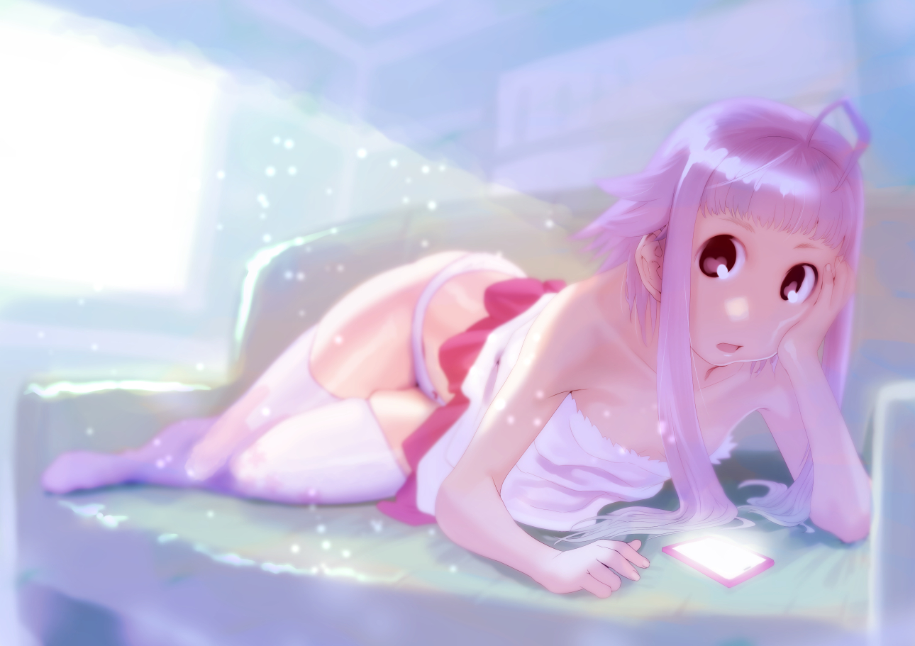 couch, panties, phone, purple_hair, soon, thighhighs, underwear, vocaloid
