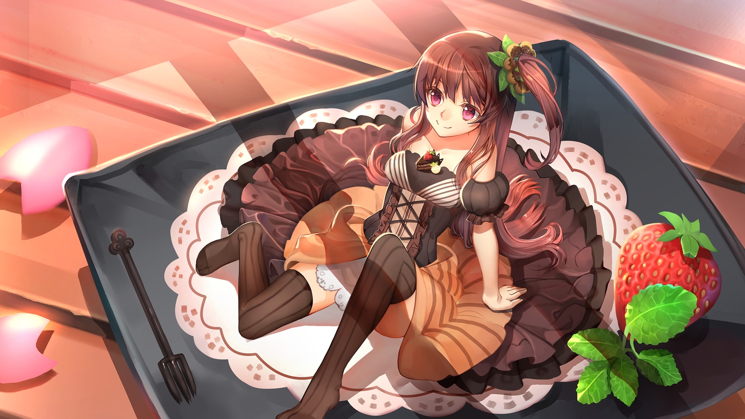 anthropomorphism, brown_hair, cake, dress, food, fruit, kamisakai, long_hair