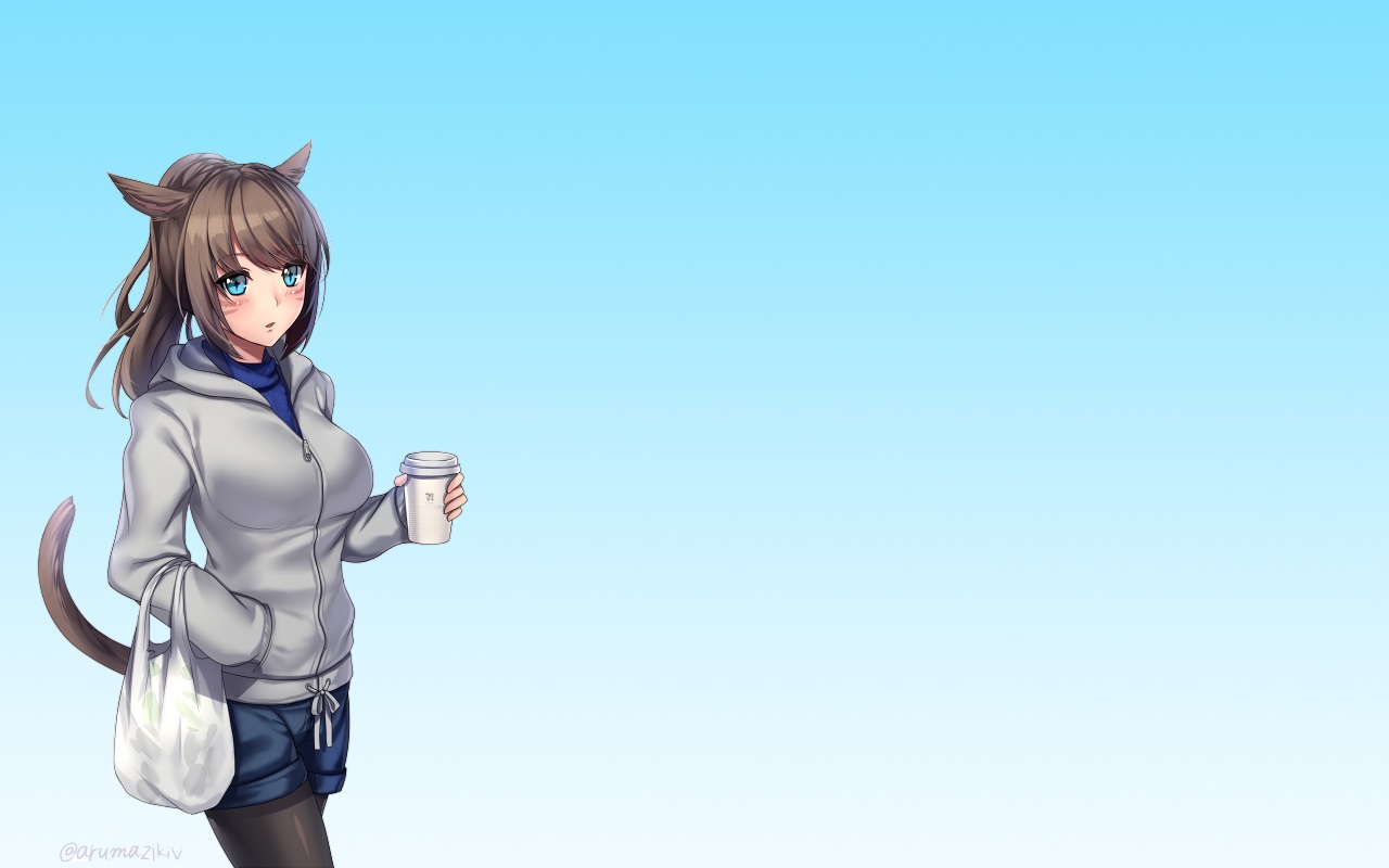 animal_ears, aqua_eyes, aruma_jiki, brown_hair, catgirl, cyan, drink, final_fantasy