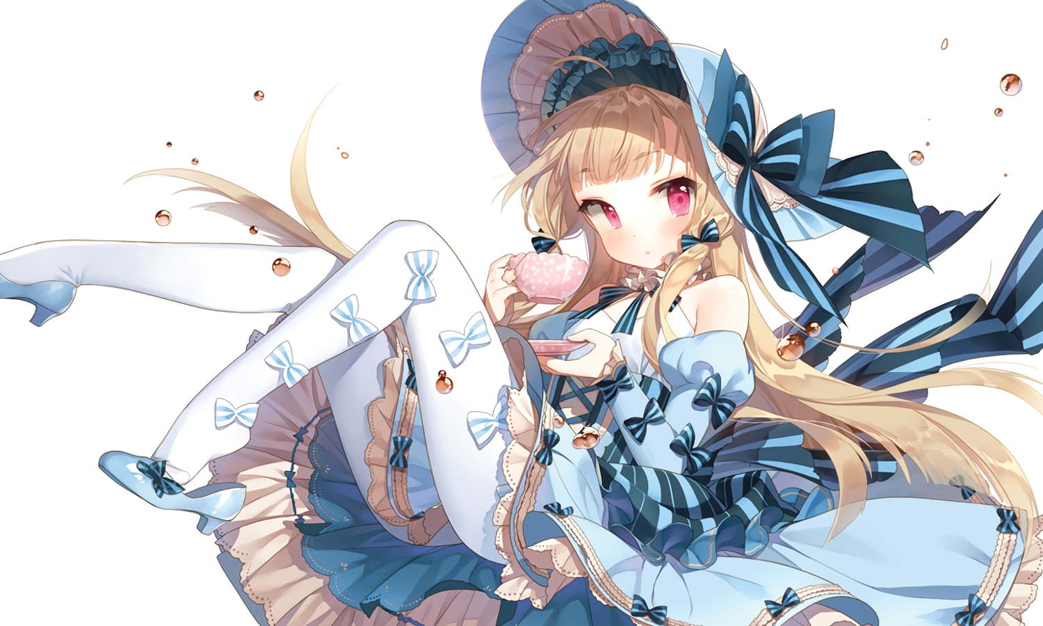 blonde_hair, bow, collar, dress, drink, hat, headdress, lolita_fashion