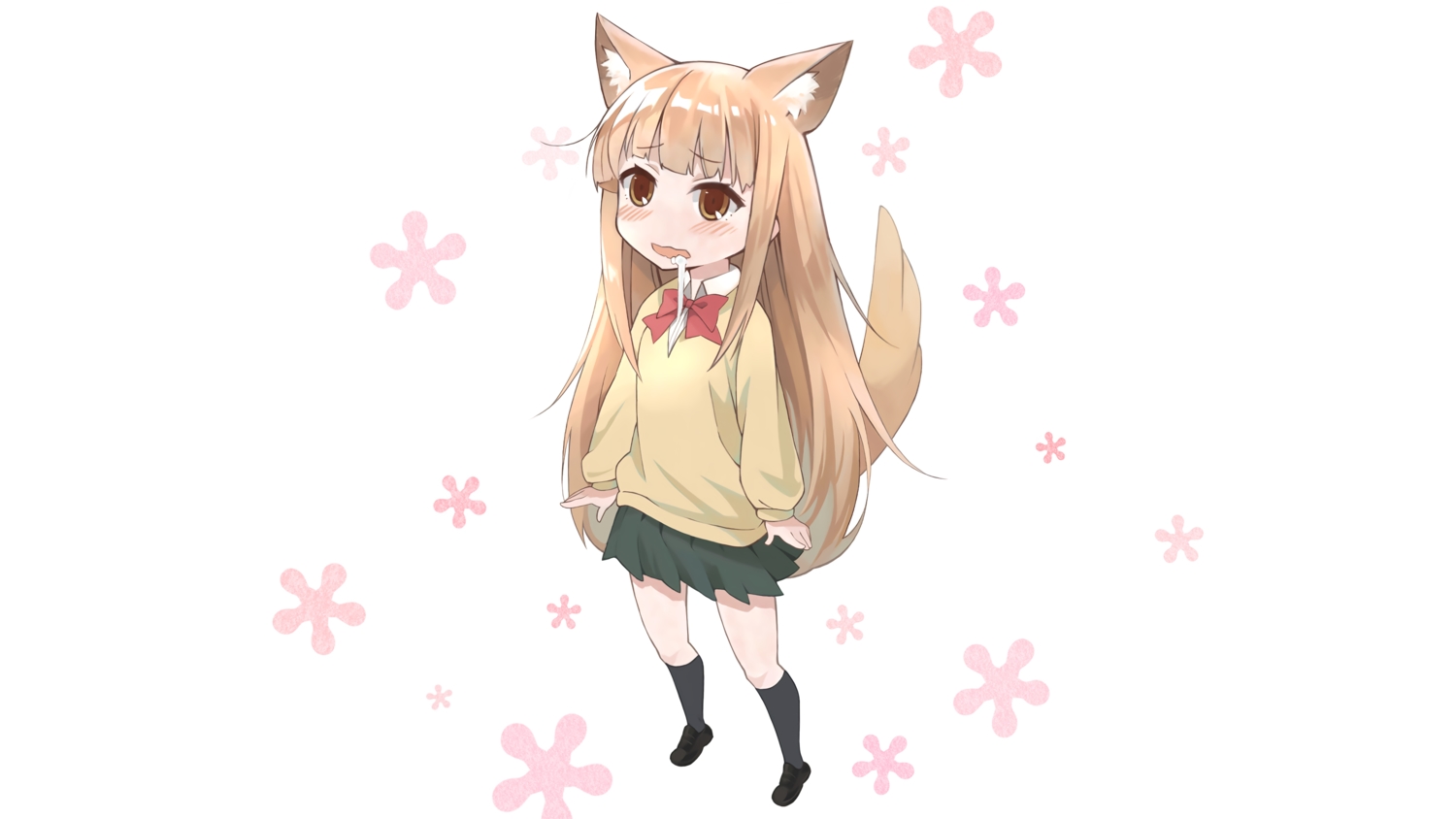 animal_ears, blonde_hair, brown_eyes, foxgirl, kneehighs, loli, miyano, school_uniform, skirt, tagme_(artist), tail, tanaka-kun_wa_itsumo_kedaruge, third-party_edit, white