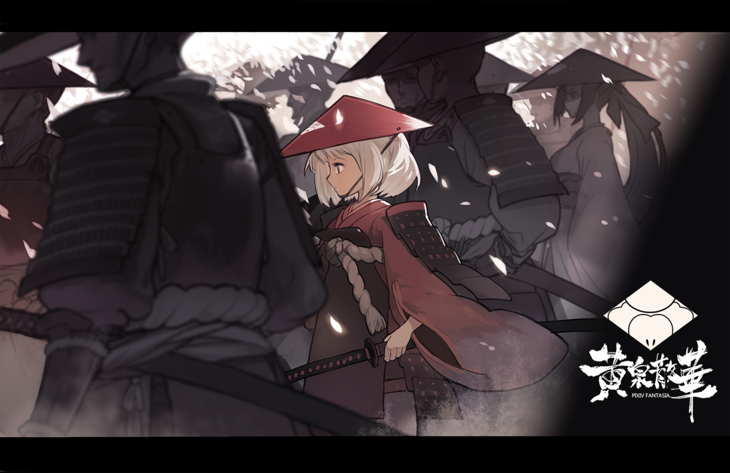 armor, group, hat, japanese_clothes, jong_tu, katana, kimono, long_hair