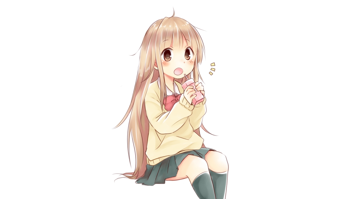 blonde_hair, brown_eyes, drink, kneehighs, loli, miyano, school_uniform, skirt