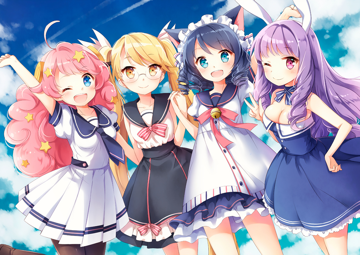 animal_ears, aqua_eyes, bell, black_hair, blonde_hair, blush, bow, breasts