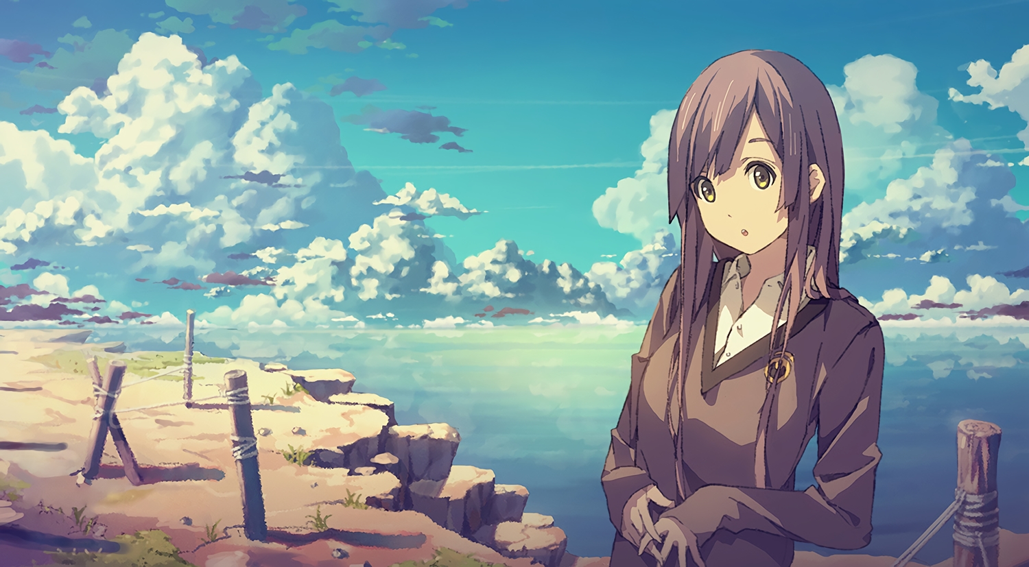 brown_eyes, brown_hair, clouds, long_hair, original, scenic, sky, third-party_edit