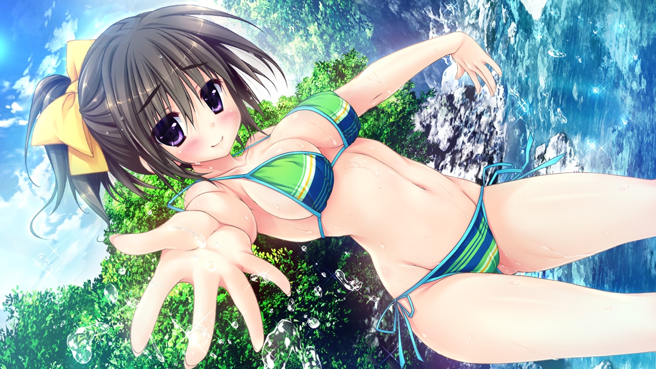 bikini, black_hair, blush, breasts, cameltoe, clochette, game_cg, koko_kara_natsu_no_innocence!, purple_eyes, sesena_yau, shigihara_benio, short_hair, swimsuit, water, wet