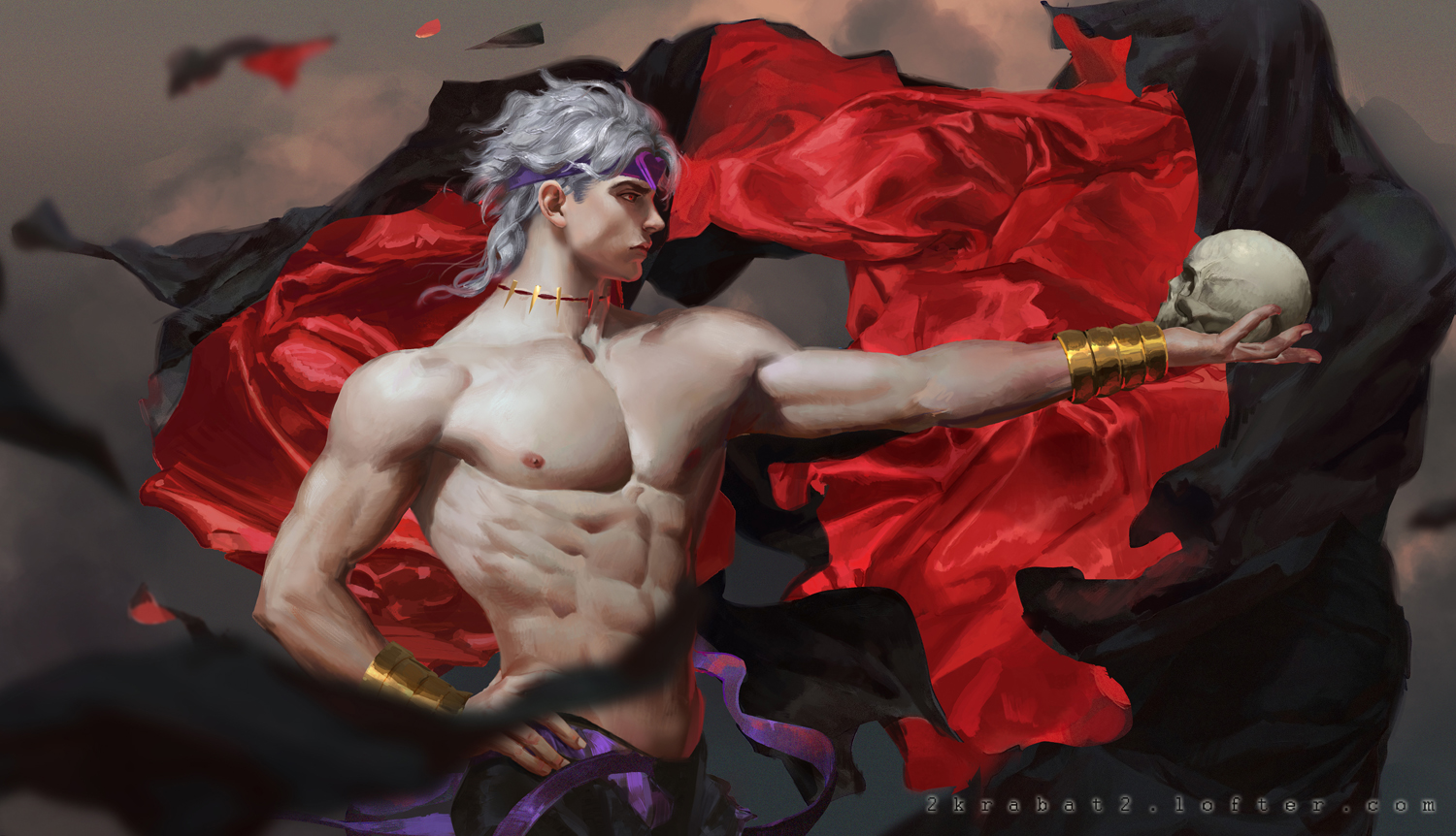 all_male, dio_brando, gray_hair, headband, jojo_no_kimyou_na_bouken, krabat, male, necklace, nipples, realistic, red_eyes, ribbons, short_hair, skull, topless, watermark, wristwear
