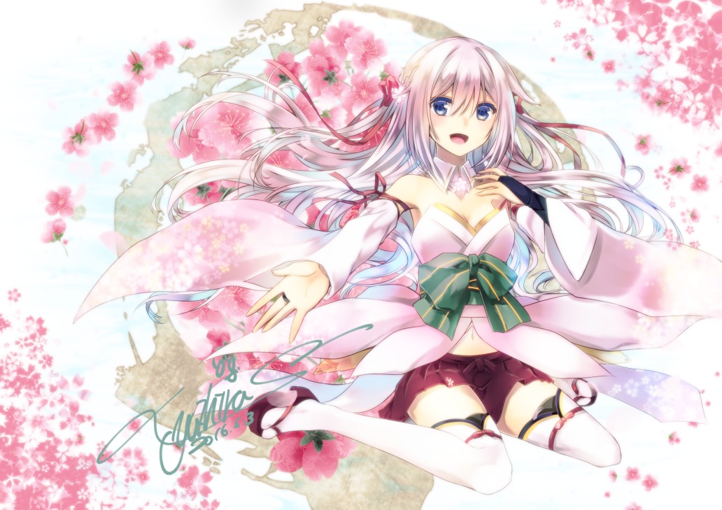 aliasing, cherry_blossoms, flowers, japanese_clothes, original, signed, thighhighs, yuihira_asu