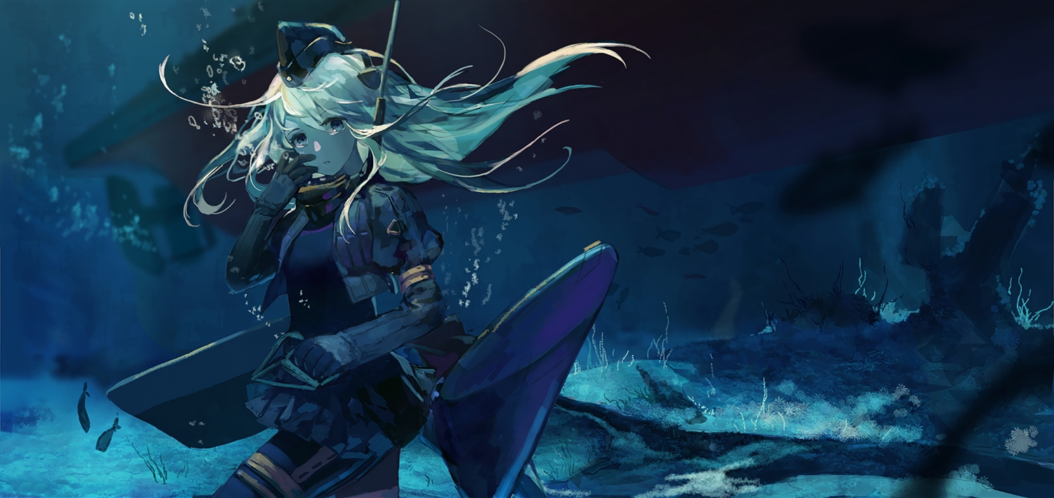 animal, anthropomorphism, blue, boat, bubbles, criin, fish, kantai_collection