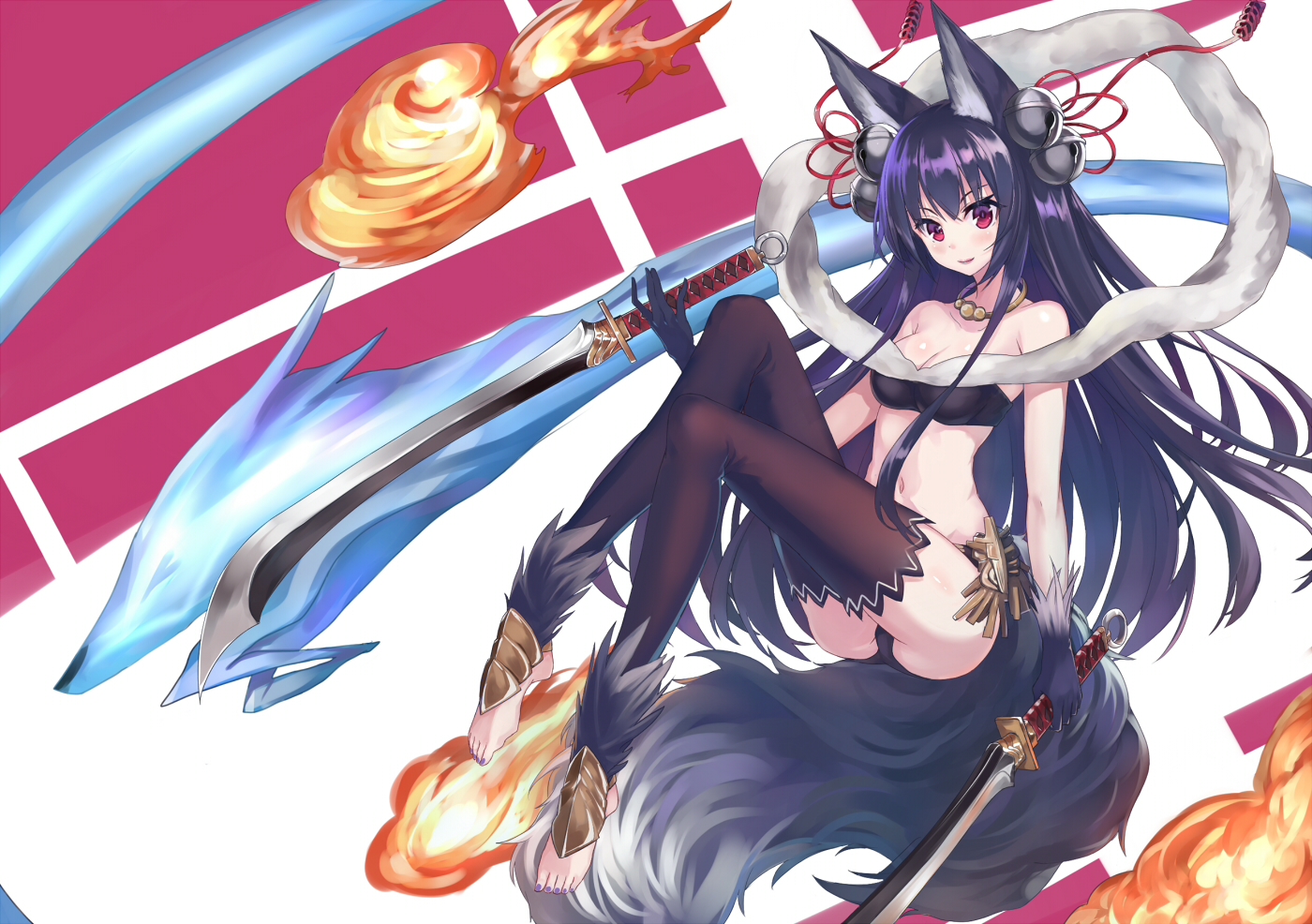 animal_ears, barefoot, foxgirl, granblue_fantasy, sword, tail, thighhighs, warg, weapon, yuel_(granblue_fantasy)