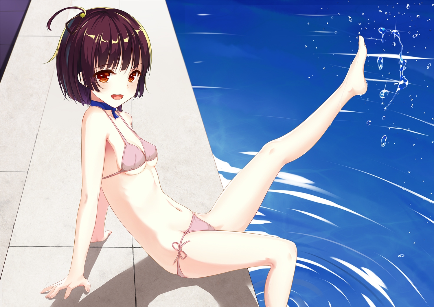 barefoot, bikini, breasts, brown_hair, choker, cleavage, flan_(seeyouflan), koutetsujou_no_kabaneri, loli, mumei_(kabaneri), orange_eyes, pool, ribbons, short_hair, swimsuit, underboob, water