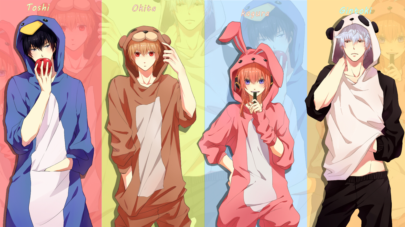 animal_ears, apple, black_hair, blonde_hair, blue_eyes, blush, bunny_ears, feiqiuxuan, food, fruit, gintama, hijikata_toushirou, hood, kagura_(gintama), male, okita_sougo, orange_hair, red_eyes, sakata_gintoki, white_hair
