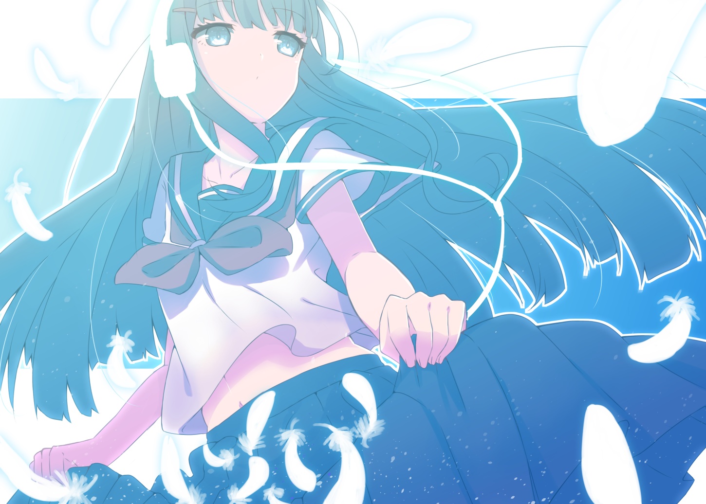 feathers, headphones, long_hair, original, school_uniform, shiime