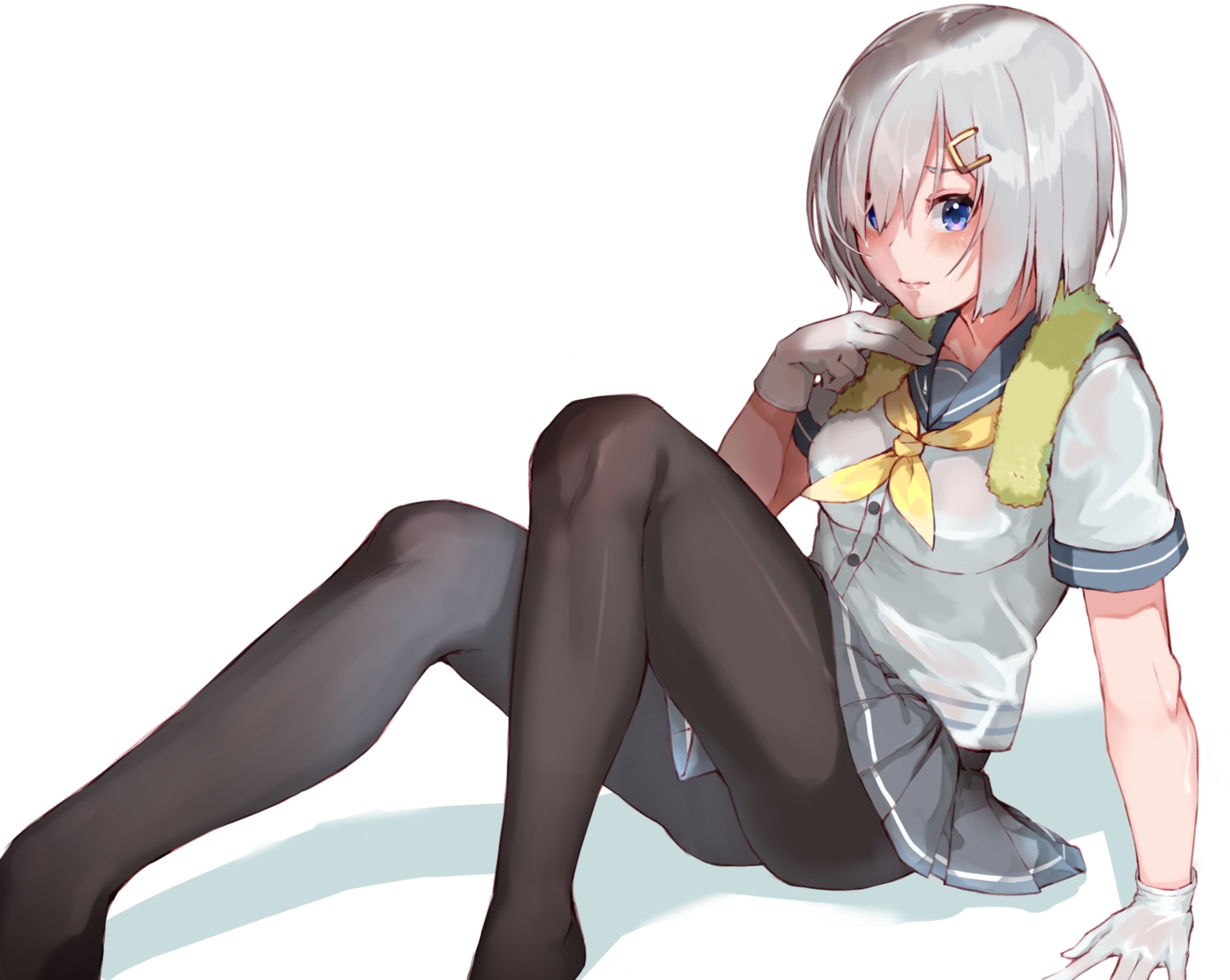 anthropomorphism, blue_eyes, blush, gloves, gray_hair, hamakaze_(kancolle), kantai_collection, mugcup
