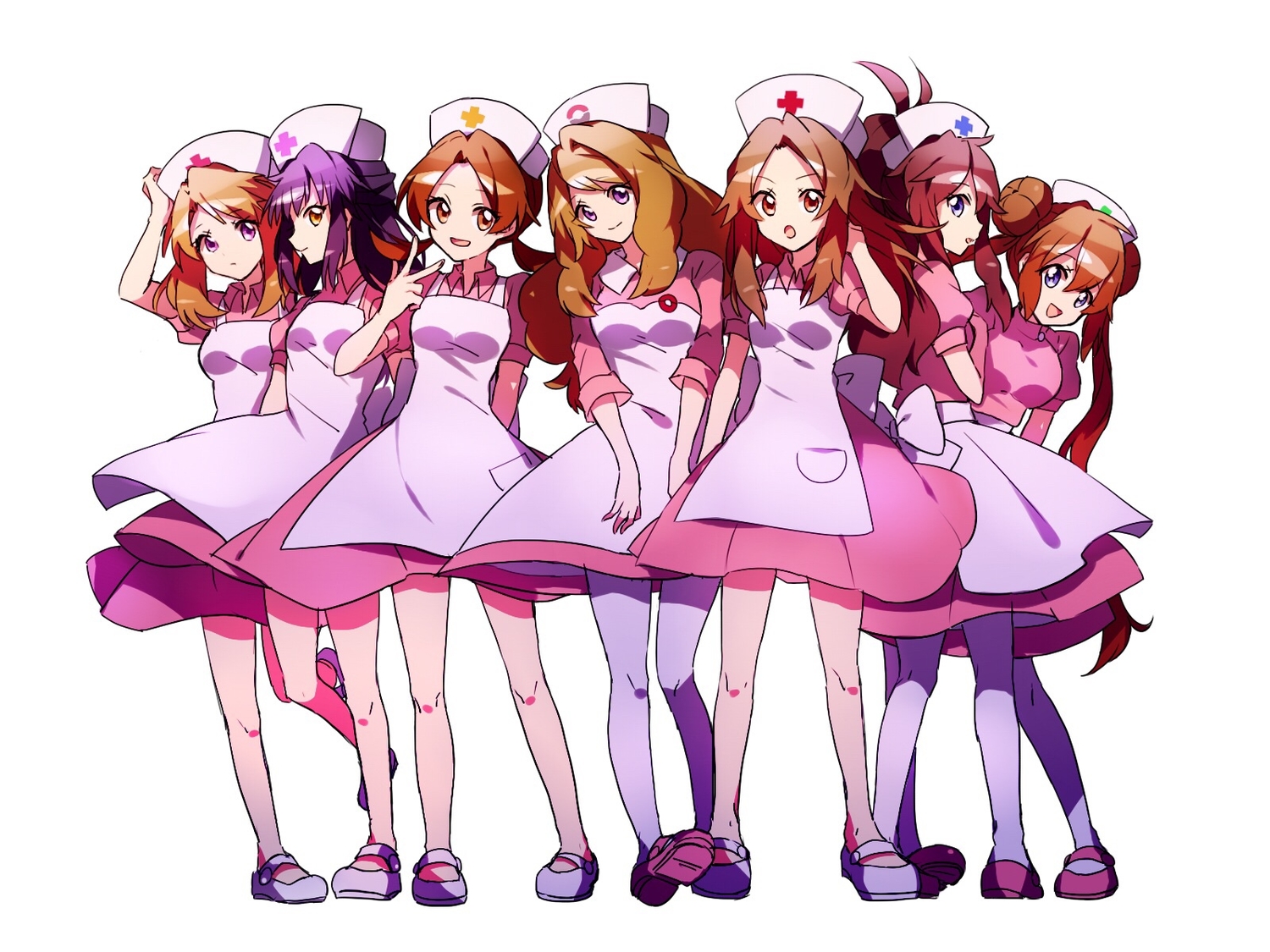 ankea_(a-ramo-do), blue_(pokemon), cosplay, dress, group, haruka_(pokemon), hikari_(pokemon), kotone_(pokemon), mei_(pokemon), nurse, pokemon, serena_(pokemon), touko_(pokemon)