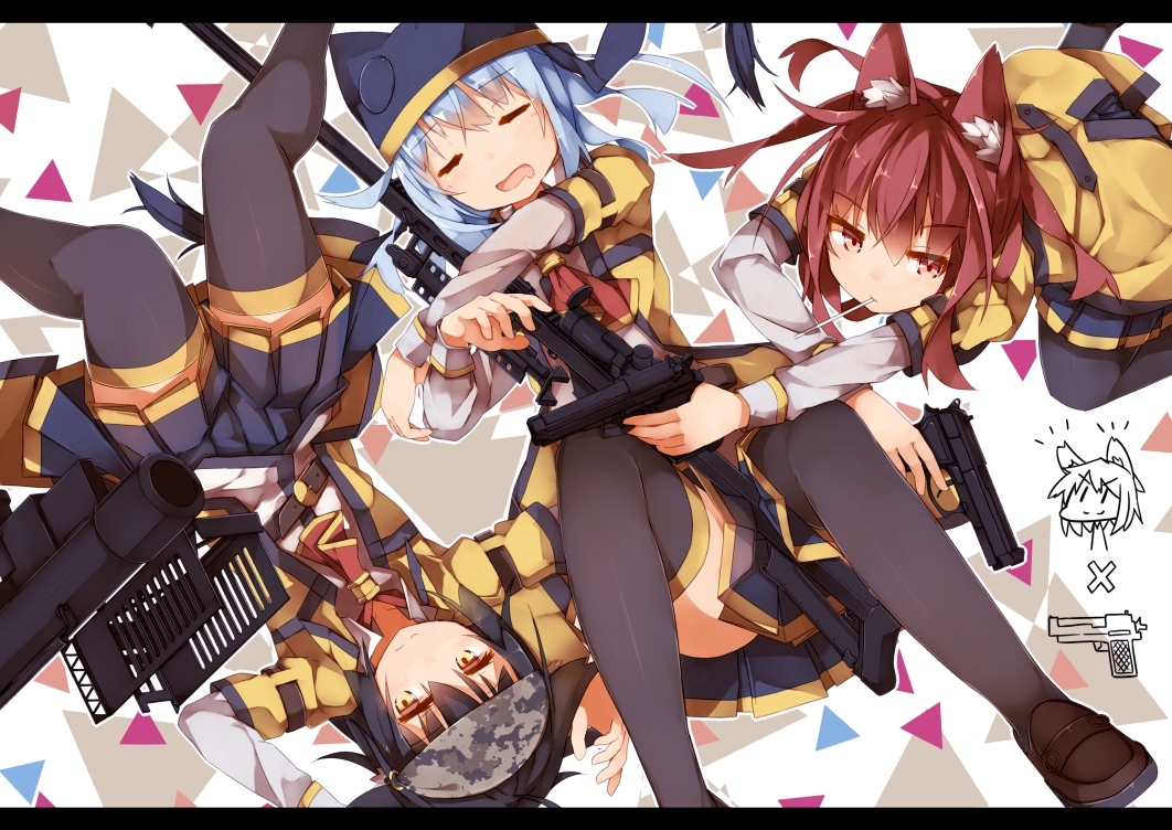 aliasing, and_dokari, animal_ears, gun, original, skirt, thighhighs, weapon