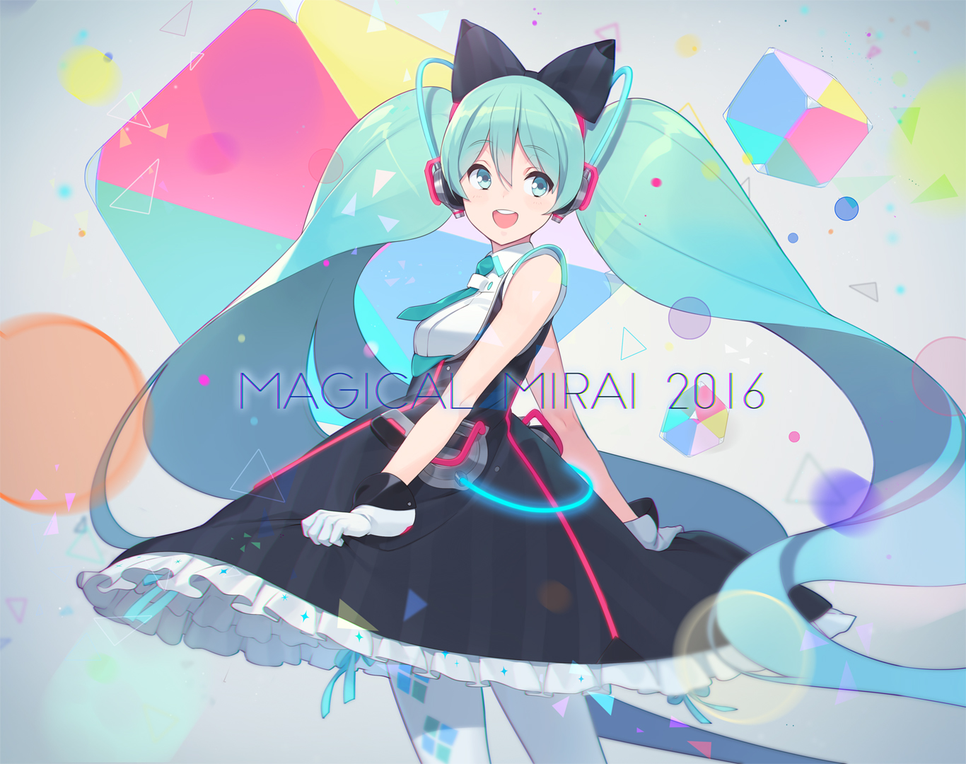 aqua_eyes, aqua_hair, bow, dress, gloves, hatsune_miku, headphones, long_hair