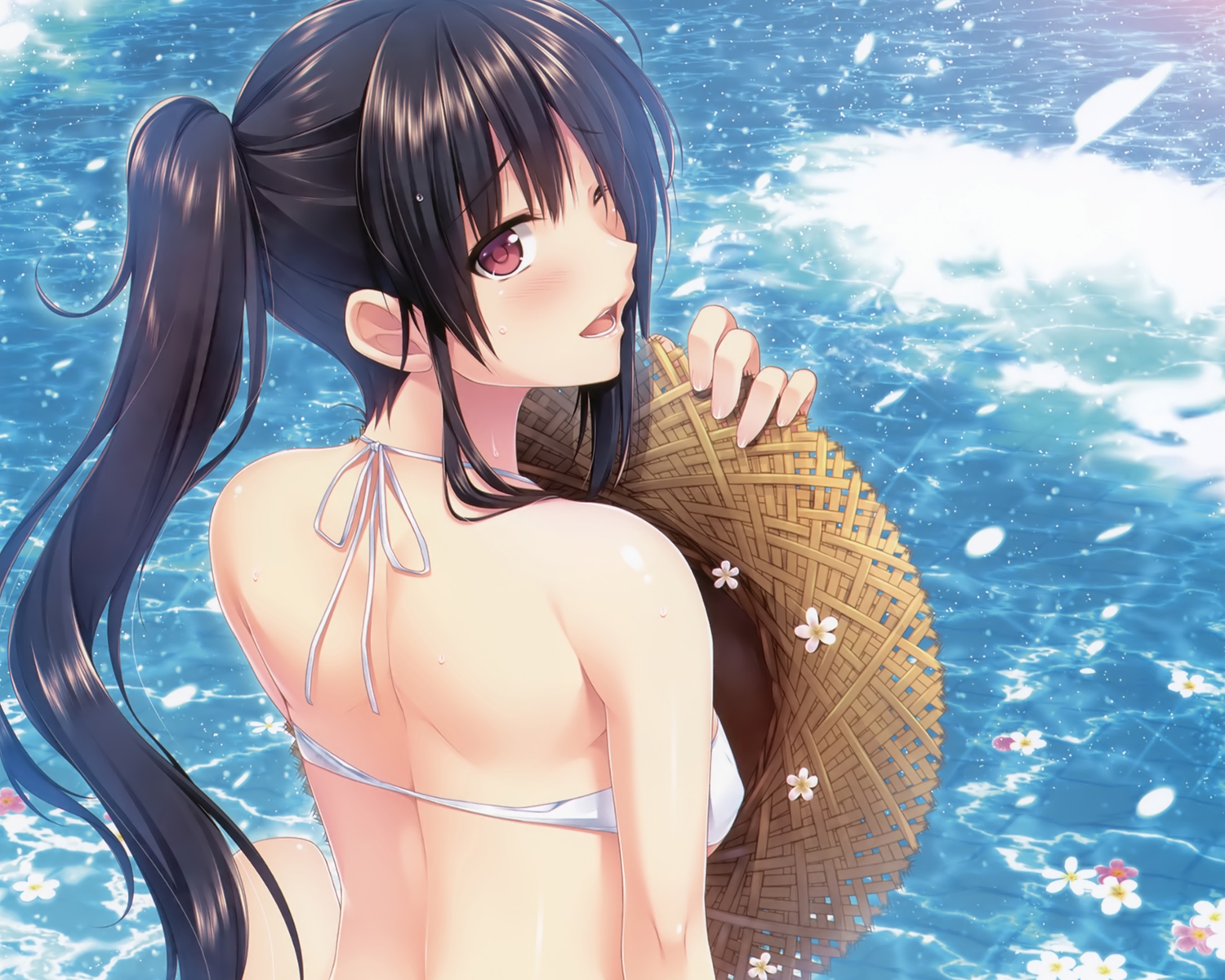 akabeisoft2, alpha_(alpha91), bikini, black_hair, blush, boku_no_hitori_sensou, close, cropped, hat, inuzuka_rumi, long_hair, petals, ponytail, red_eyes, scan, swimsuit, water