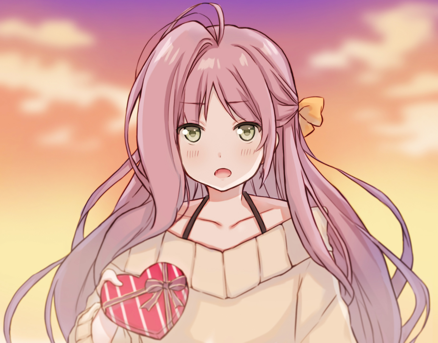 blush, green_eyes, hanabusa_kokoro, heart, i-chu, long_hair, pink_hair, rena_(hakuro_rena), ribbons, valentine