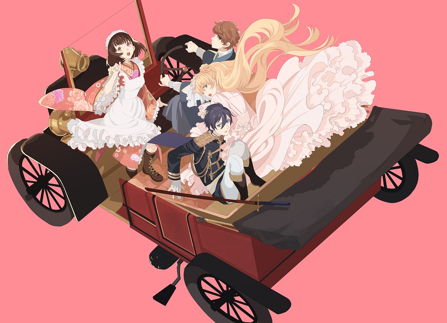 apron, blonde_hair, car, dress, group, headdress, japanese_clothes, long_hair