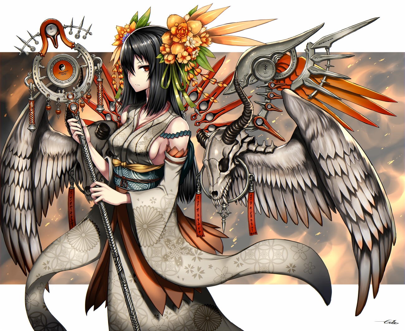 black_hair, flowers, gia, headdress, horns, japanese_clothes, long_hair, orange_eyes
