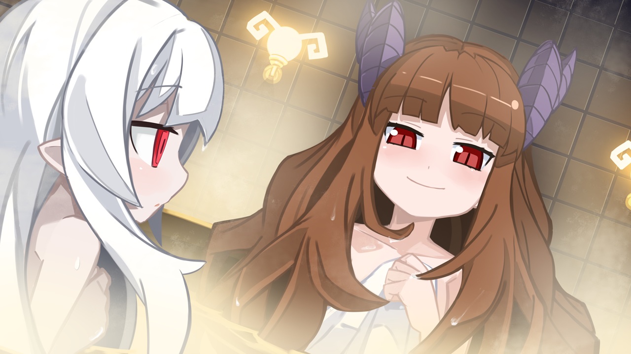 2girls, attouteki_yuugi_mugen_souls, attouteki_yuugi_mugen_souls_z, bath, bellaria_(mugen_souls), brown_hair, close, game_cg, horns, long_hair, nanameda_kei, onluka, red_eyes, towel, water, wet, white_hair